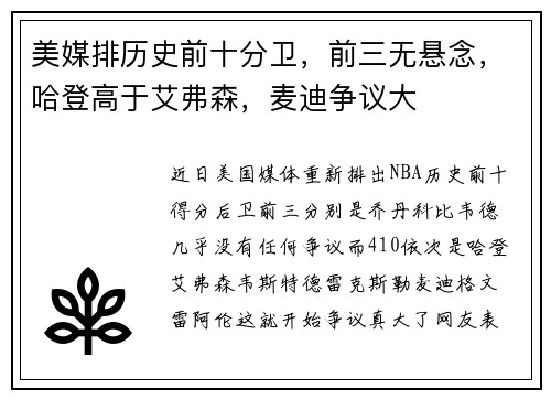 美媒排历史前十分卫，前三无悬念，哈登高于艾弗森，麦迪争议大
